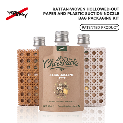 Reusable Rattan Woven Spout Pouch with Aluminum Cap | CheerPack Patented 100ml rattan-woven hollow-out spout pouch with reusable Sleeve and aluminum screw cap. Eco cosmetic packaging, OEM/ODM welcome.